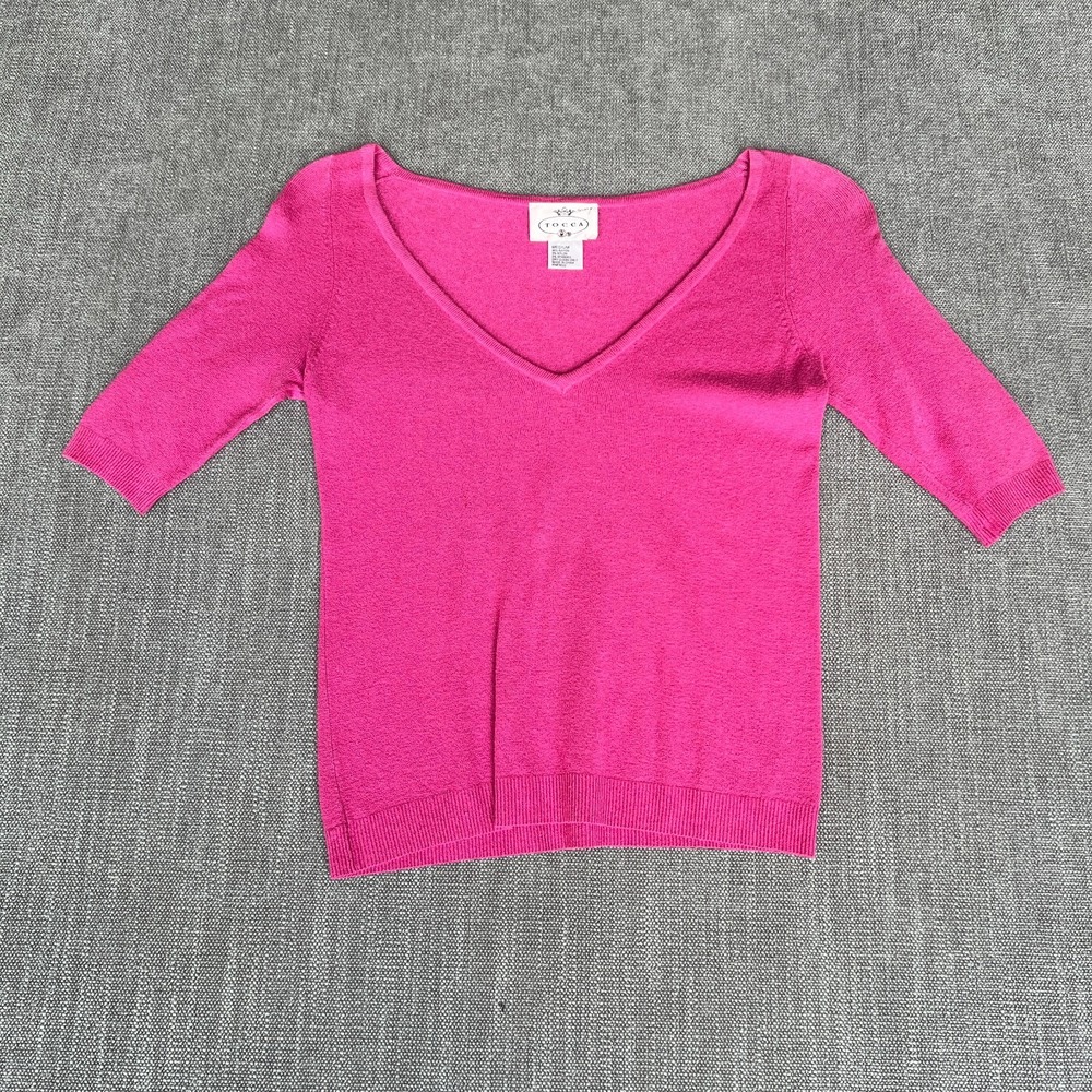 TOCCA Sweater Womens Medium Pink Knit Stretch Short Sleeve V-Neck Boho Pullover
